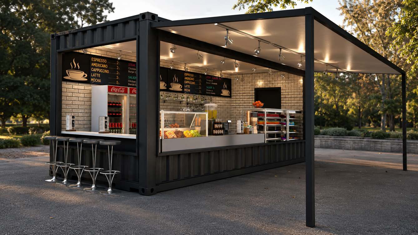 Container bar with canopy and seating