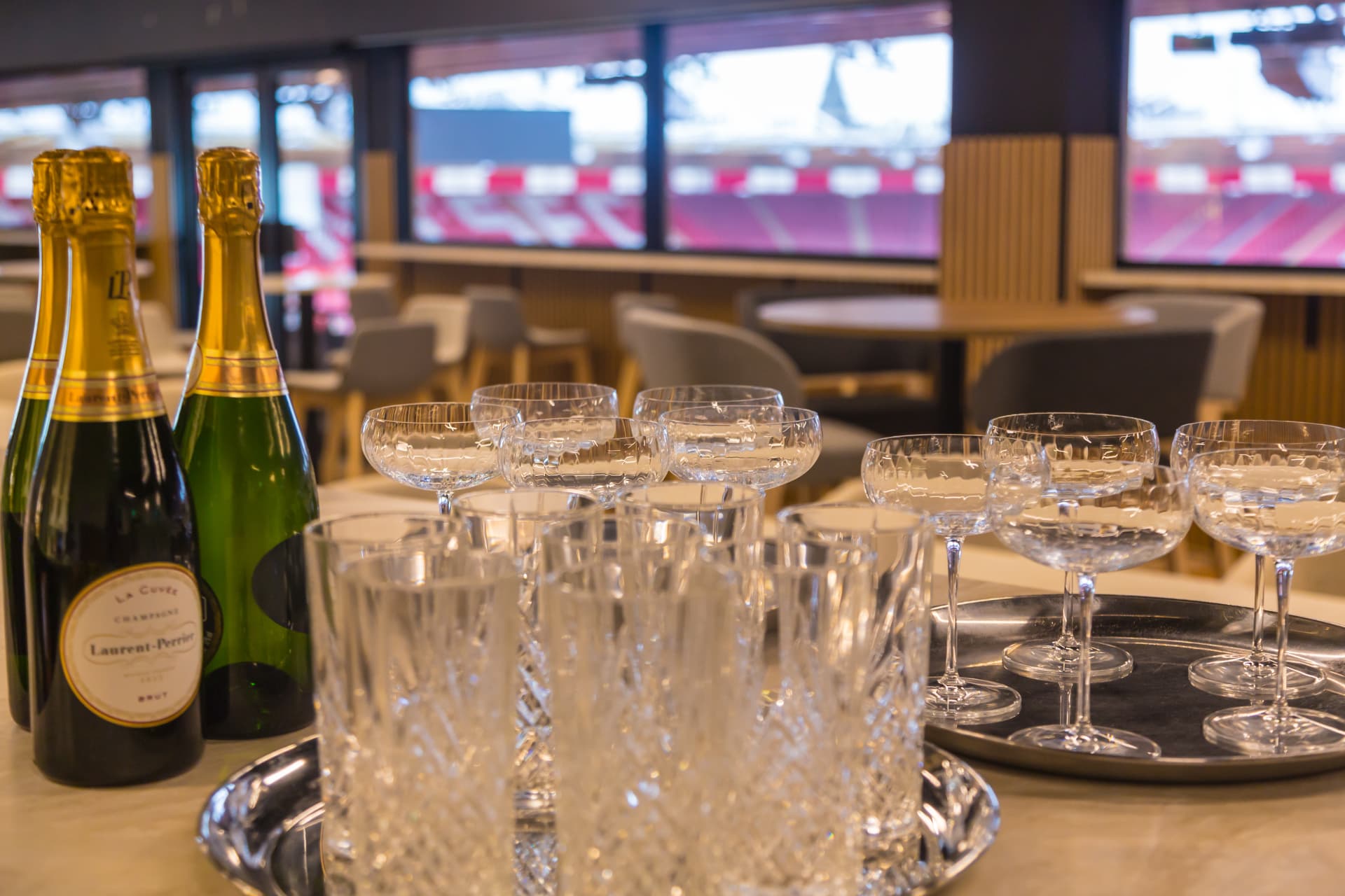 Champagne and glassware ready for service in the Knightwood Lounge