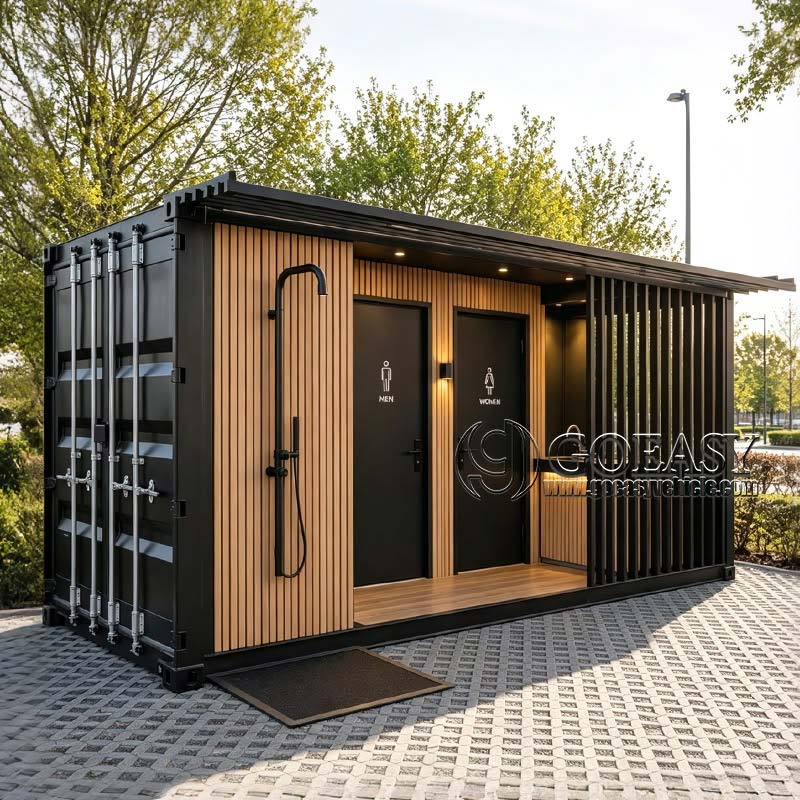 Changing and shower pod with timber screening