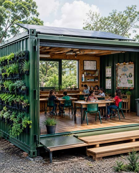 Container classroom with living wall and solar canopy