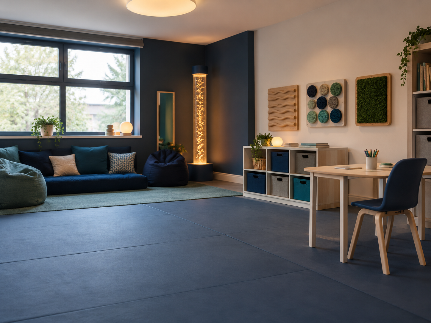 Calm sensory room designed for SEND students, with padded floors, soft seating and tactile wall panels
