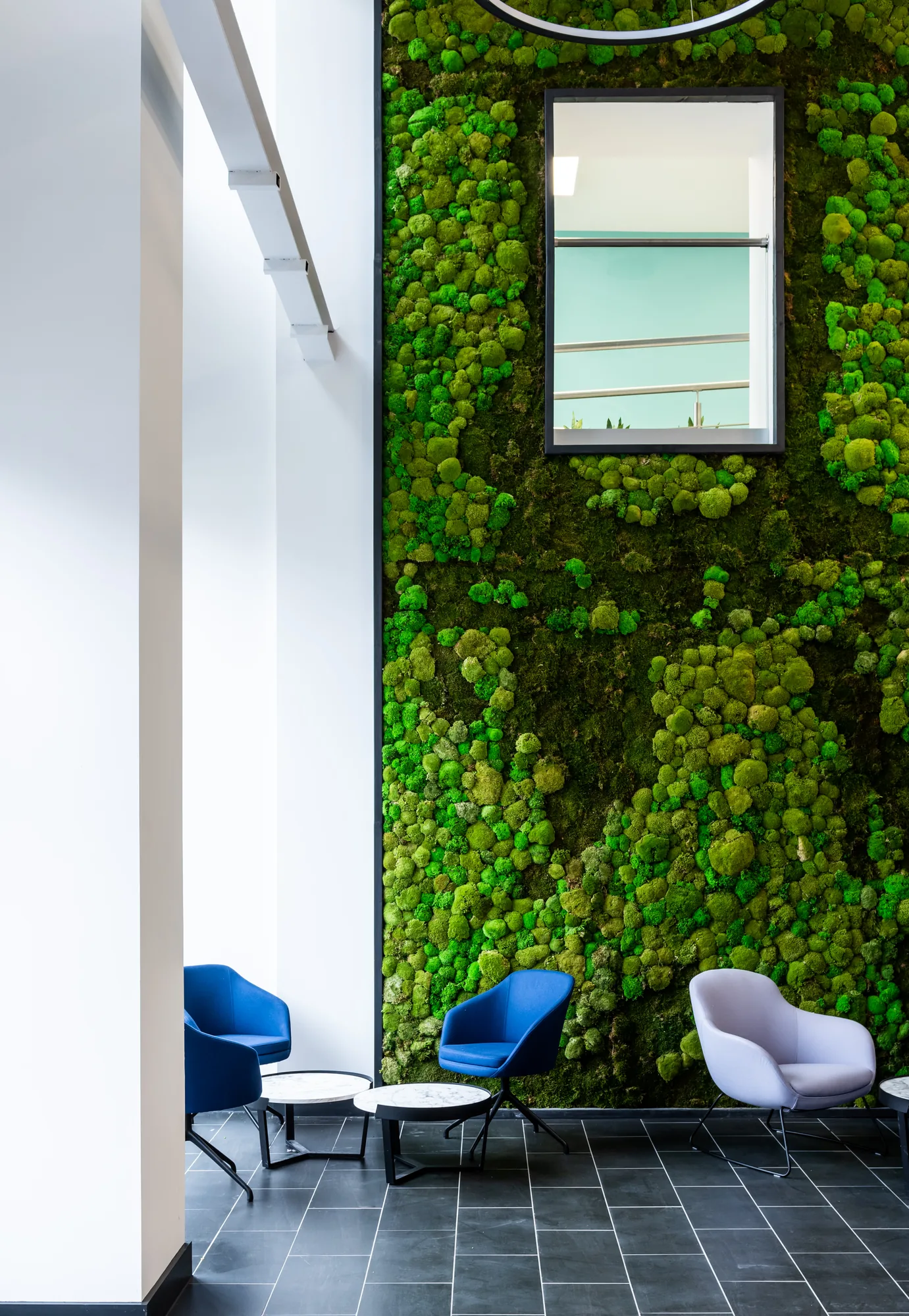 Living moss wall with seating at the University of Law Bristol campus