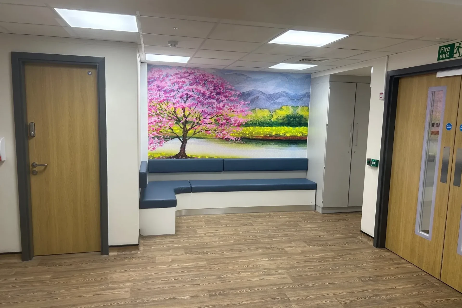 Waiting area with cherry-blossom mural in the remodelled Wexham Park department