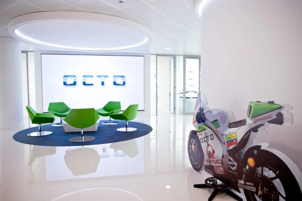 Motorbike and video wall in Octo Telematics reception