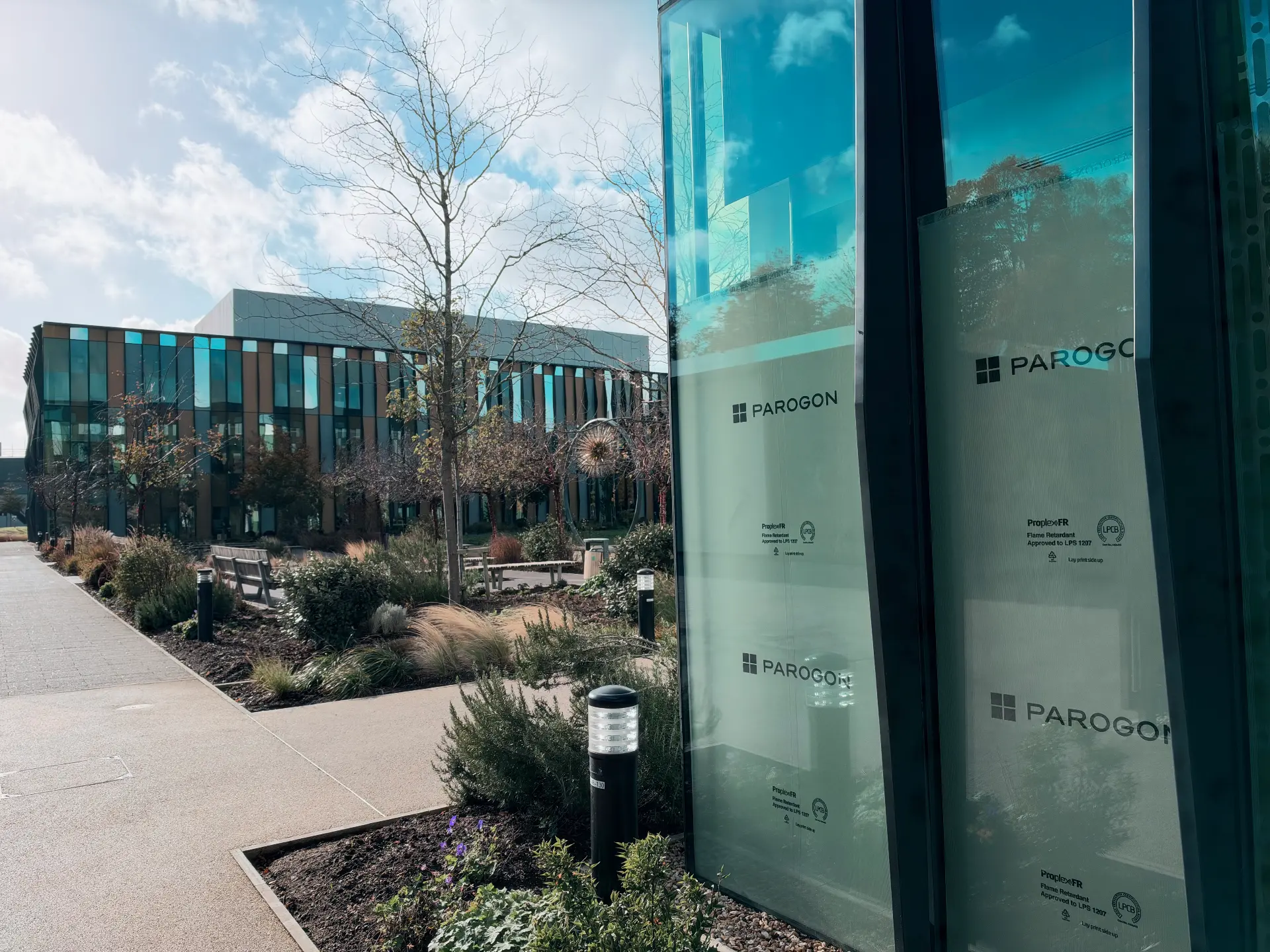 Parogon-branded protective film on the campus glazing