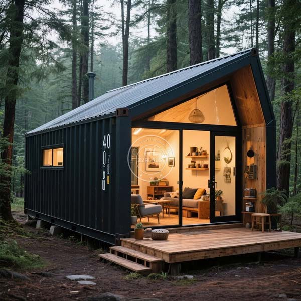 Black container cabin with glazed gable end