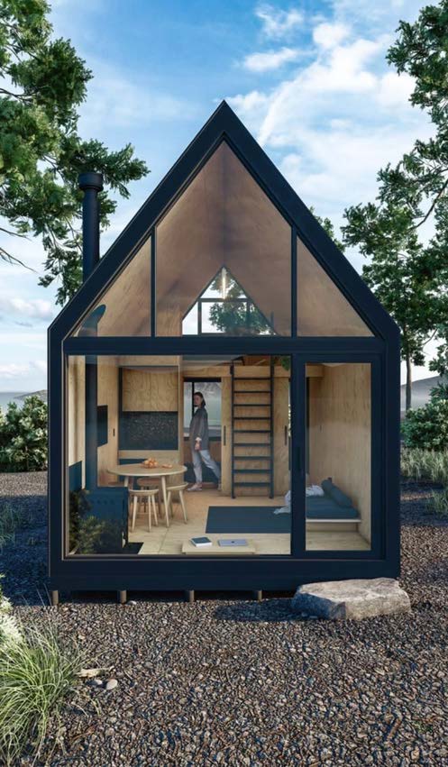 A-frame glazed cabin with vaulted interior